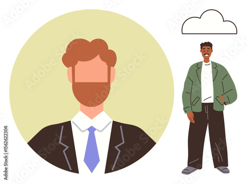 Portrait of a bearded man in a suit with a tie next to a casually dressed individual wearing an oversized jacket. Ideal for fashion, appearance contrast, lifestyle, personality, fashion choices