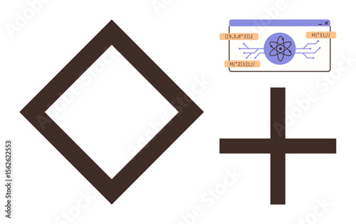 Geometric diamond and plus sign paired with science-themed interface showing atomic analysis. Ideal for science, technology, innovation, research, data representation, education, and simple landing