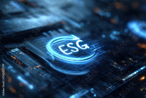 Close-up of a futuristic digital interface displaying ESG abbreviation and icons representing sustainability environmental social governance concepts