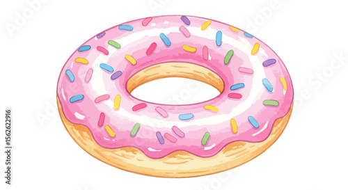Watercolor Donut with Pink Frosting and Colorful Sprinkles on White Background