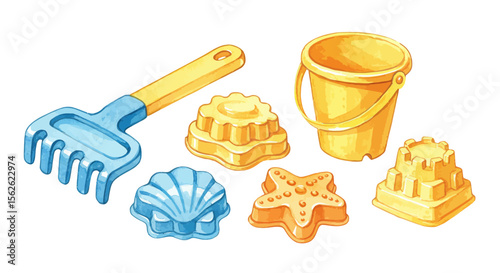 Watercolor Illustration of Beach Toys: Rake, Bucket, and Sandcastle Molds