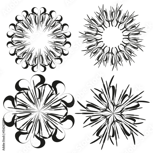 Floral star icons. Radial blossom symbols. Abstract flare Vector. Symmetry flower shapes.