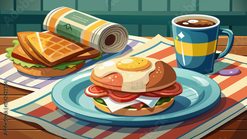 A cozy breakfast nook offers breakfast sandwich with egg, bacon, and cheddar on an English muffin, placed next to a folded newspaper and a cappuccino in a stoneware mug.