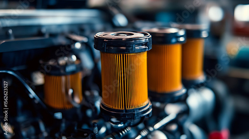 Three orange oil filters are shown in close up. The filters are black and orange, and they are placed in a row. Concept of precision and attention to detail, as the filters are clearly visible