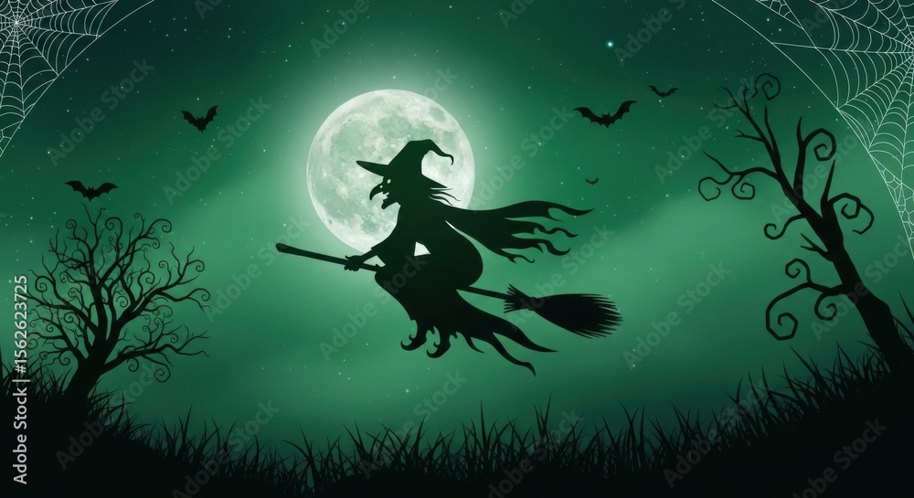 Spooky Halloween witch silhouette flies across a full moon night sky with bats and spooky trees Spooky Halloween witch silhouette flies across a full moon night sky with bats and spooky trees