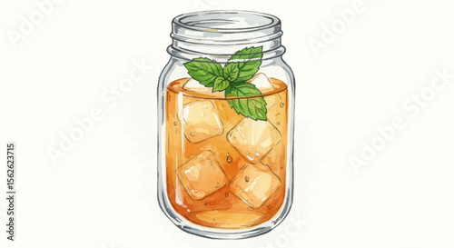 Hand-drawn watercolor illustration of iced tea with mint in a mason jar.
