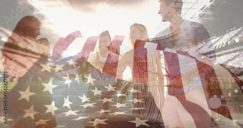 Friends picking drinks sparking clinking glasses toasting social event with pulsing flag overlay