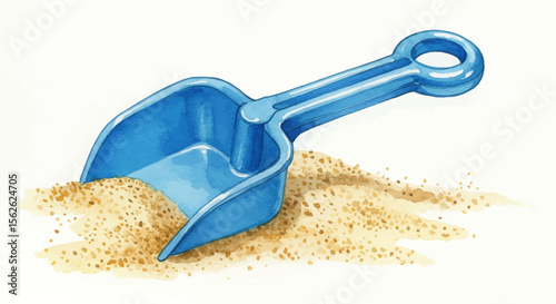 Watercolor Illustration of a Blue Sand Shovel and Golden Sand Pile