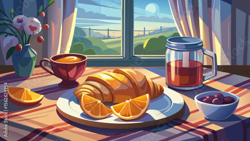 On a craftsman-style table, butter croissant with raspberry jam rests beside a bowl of sliced oranges, while gentle early light filters through sheer curtains.