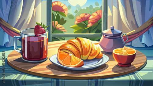 On a craftsman-style table, butter croissant with raspberry jam rests beside a bowl of sliced oranges, while gentle early light filters through sheer curtains.