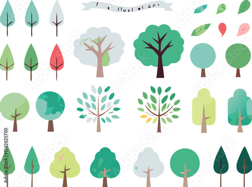 A vector illustration of a set of four seasons trees, showing their leaves and branches evolving from spring to winter, an iconic symbol of nature's cycle. A vector illustration of a set of Trees.