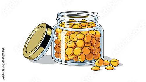 Illustration of jar with golden yellow pills, medication, dietary supplement, health concept