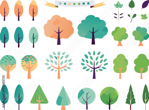 A vector illustration of a set of four seasons trees, showing their leaves and branches evolving from spring to winter, an iconic symbol of nature's cycle. A vector illustration of a set of Trees.