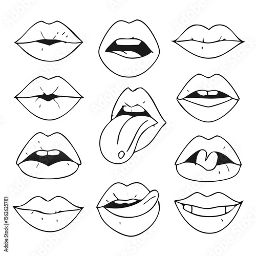 Lips Vector Icon Pack. Vector illustration of sexy women's black and white lips, expressing different emotions, such as smile, kiss, half-open mouth, biting lip, lip licking, tongue out. Isolated.