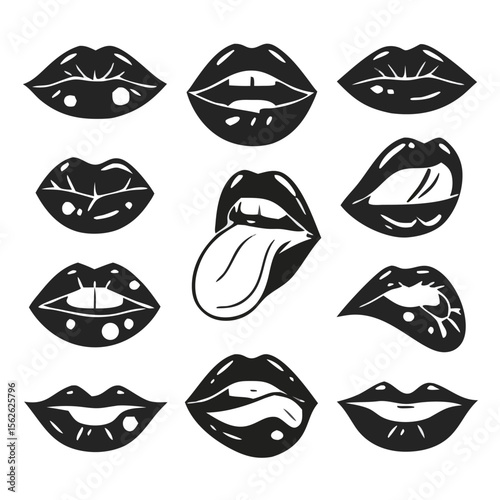 Lips Vector Icon Pack. Vector illustration of sexy women's black and white lips, expressing different emotions, such as smile, kiss, half-open mouth, biting lip, lip licking, tongue out. Isolated.
