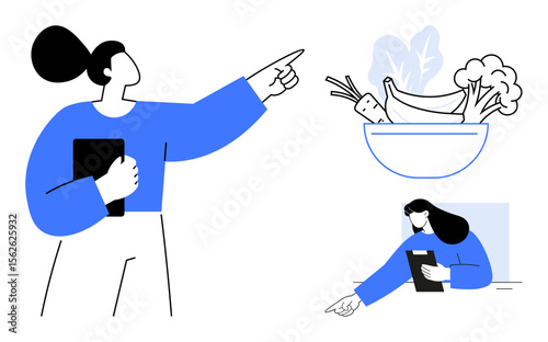 Woman gestures toward a bowl with fresh bananas, carrots, and greens. Separate scene shows her working with a tablet. Ideal for healthy lifestyle, nutrition, focus, education, productivity wellness