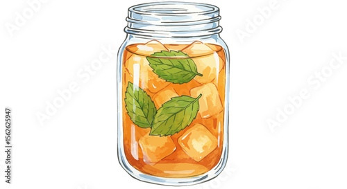 Refreshing iced tea in a mason jar with mint leaves, watercolor illustration