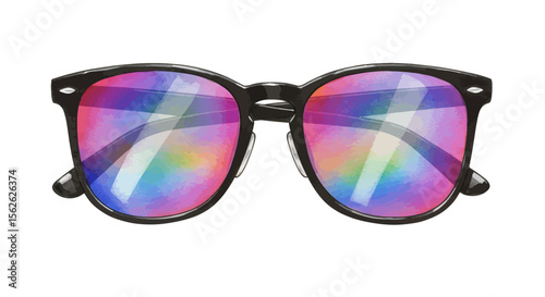 Watercolor sunglasses with rainbow lenses, black frame, isolated on white
