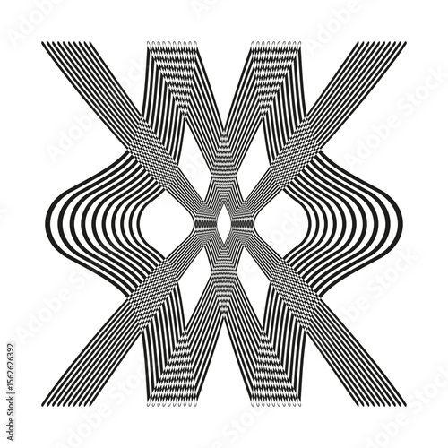 Ribbon star icon. Arched spoke pattern. Expanding X Vector. Converging loop weave.