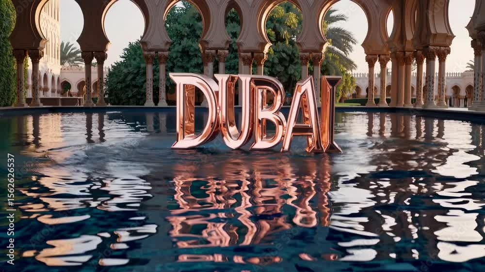 Golden Dubai logo floating in rippling water, reflecting surrounding architecture of luxury resort, creating opulent and glamorous travel destination image