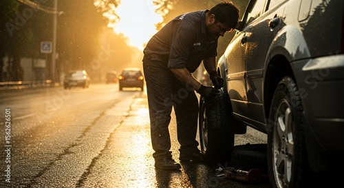 Golden Hour Roadside Repair: A lone mechanic diligently works on a flat tire during a sun-drenched evening, showcasing dedication and problem-solving.