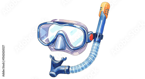 Watercolor Illustration of a Blue and Purple Snorkel Mask and Tube on White