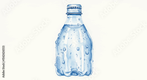 Watercolor painting of a plastic water bottle with condensation droplets