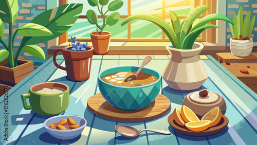 A peaceful sunroom breakfast table is set with oatmeal topped with almonds, brown sugar, and banana, a spoon resting nearby as a plant in a ceramic pot completes the calming scene.


