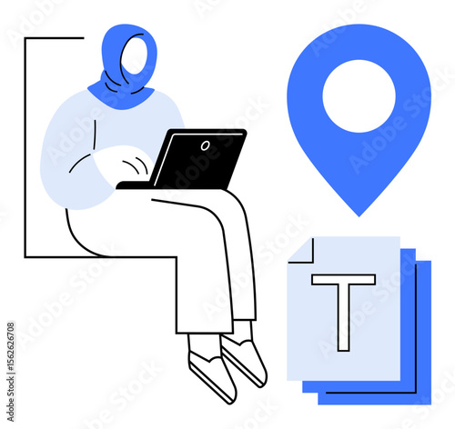 Woman in headscarf typing on laptop, blue location marker, text documents. Ideal for technology, work, localization, education, digital communication, project management simple landing page