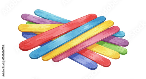Watercolor illustration of colorful craft sticks in a playful arrangement on white