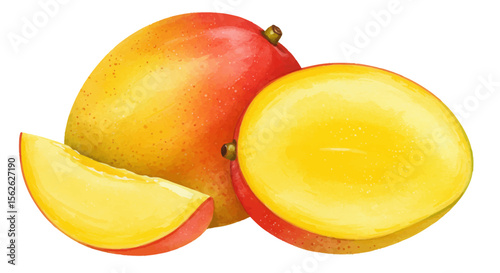 Watercolor Mango Still Life: Vibrant Tropical Fruit with Slice and Half