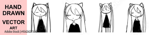 Minimalist Hand Drawn Anime Girl Character with Long Hair and Cat Ears Vector Set in Emotional Cute Poses for Youth Comic Design