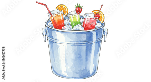 Watercolor Illustration of Cocktails in Ice Bucket with Fruit Garnishes