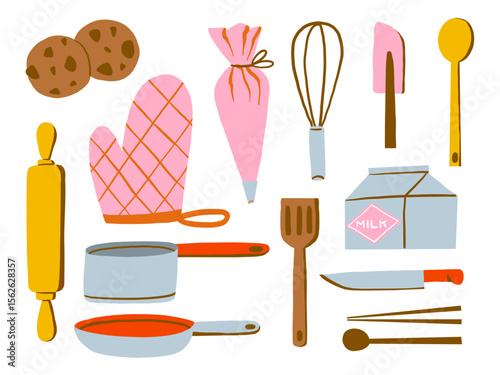 Flat Style Baking Tool Ingredient Set. A charming collection of hand drawn flat style kitchen tools and food items including utensils gloves cookies milk for cozy culinary projects and recipe designs