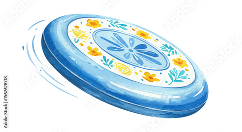 Watercolor Frisbee with Floral and Lemon Design in Motion on White Background