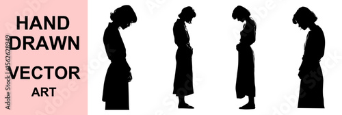 Hand Drawn Vector Silhouette of Sad Woman Standing Alone in Emotional Contemplation or Depression Theme for Expressive and Dramatic Graphic Projects