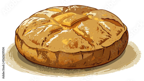 A freshly baked sourdough bread, its golden crust perfectly cracked, rests on a white surface, with a dusting of flour and soft shadows enhancing its rustic texture.