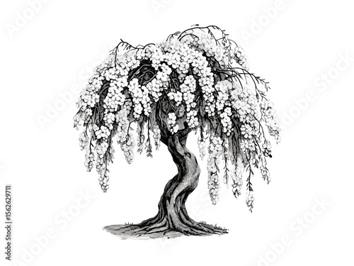 Botanical hand-drawn vintage Weeping Cherry Tree, cherry blossoms sketch, nature print, retro floral art, spring tree illustration, old engraving style, eco-friendly garden decor, tree silhouette,