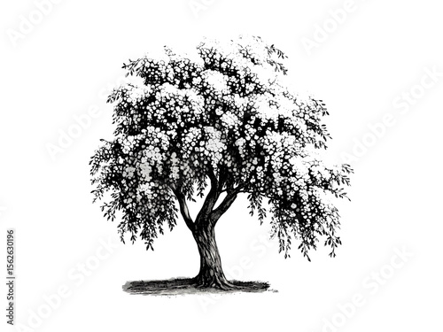 Weeping Cherry Tree vintage engraving, botanical sketch, cherry blossoms art, spring nature print, retro tree decor, hand-drawn floral illustration, black ink vintage style, garden wall art,