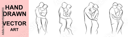 Romantic couple kissing hand drawn vector line art illustration for love, wedding, valentines day, relationship, intimacy, passion, romantic greeting cards design