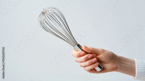 A hand holding a stainless steel whisk, perfect for mixing and whipping in kitchen cooking and baking preparations.
