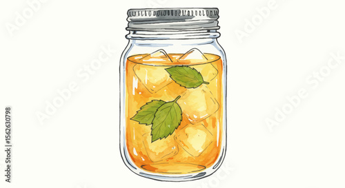 Hand-drawn illustration of iced tea with mint leaves in a mason jar.