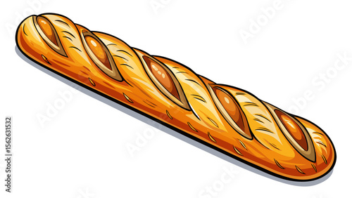 A close-up of baguette, long and crisp with a caramelized crust, lays diagonally on a clean white background, its airy interior slightly revealed at one sliced edge.