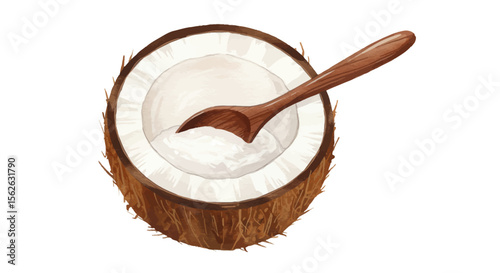 Watercolor Coconut Half with Spoonful of Creamy White Flesh on White Background