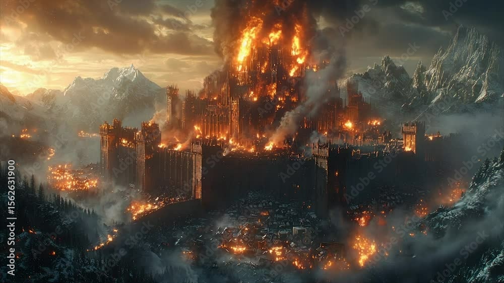 Fiery siege of a mountain castle, engulfed in flames, surrounded by burning structures