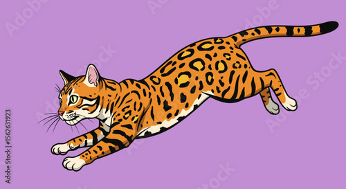 Dynamic Bengal Cat in Mid-Leap A Vibrant Illustration