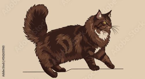Majestic Brown Maine Coon Cat Illustration Longhair, Fluffy, Paws
