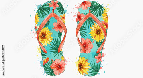 Watercolor Flip-Flops with Tropical Flowers and Teal Background, Summer Vibes