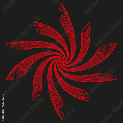 Red spiral icon. Fiery vortex bloom. Energetic swirl Vector. Stark black backdrop.