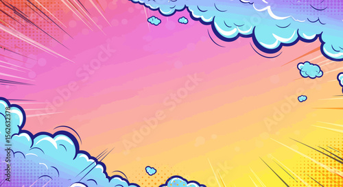 Vibrant Pop Art Comic Book Background with Clouds and Burst